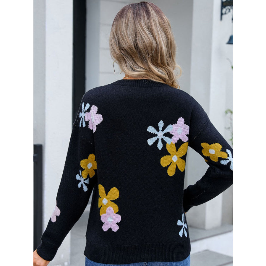 Flower Round Neck Dropped Shoulder Sweater Apparel and Accessories