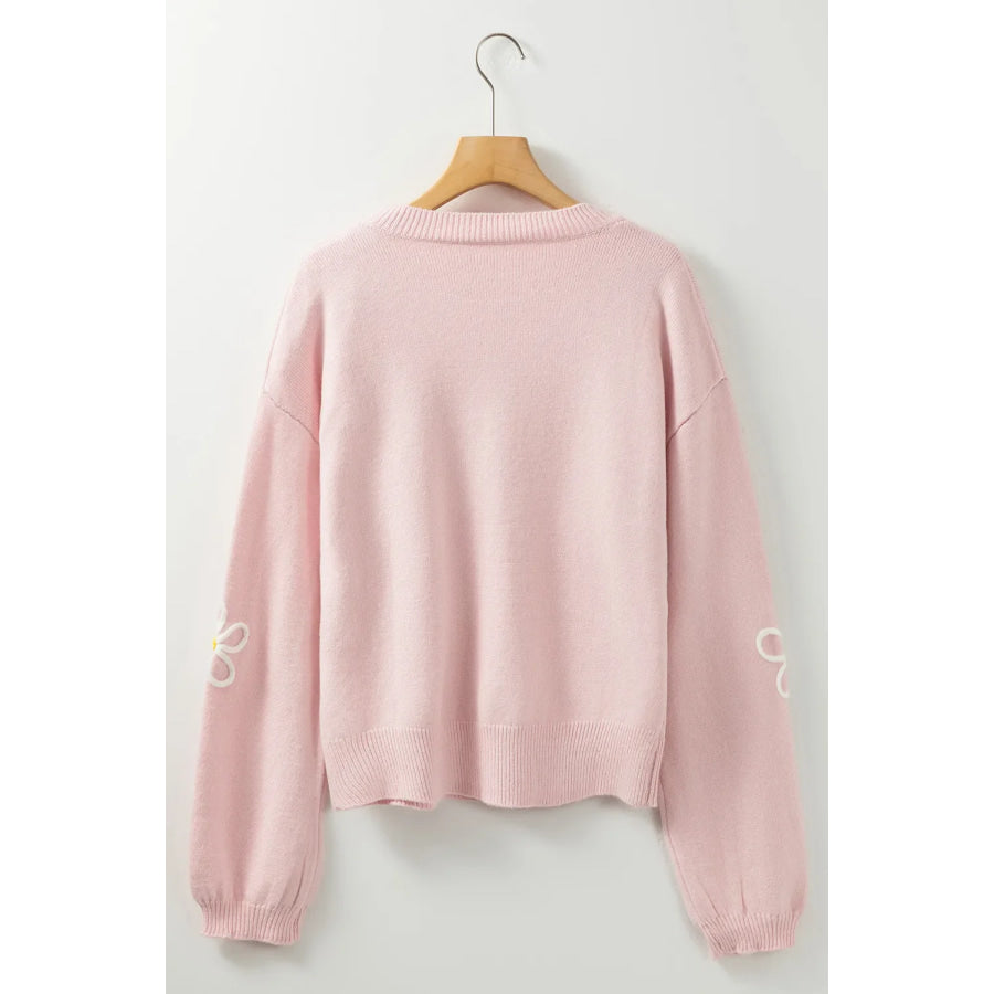 Flower Round Neck Dropped Shoulder Sweater Apparel and Accessories