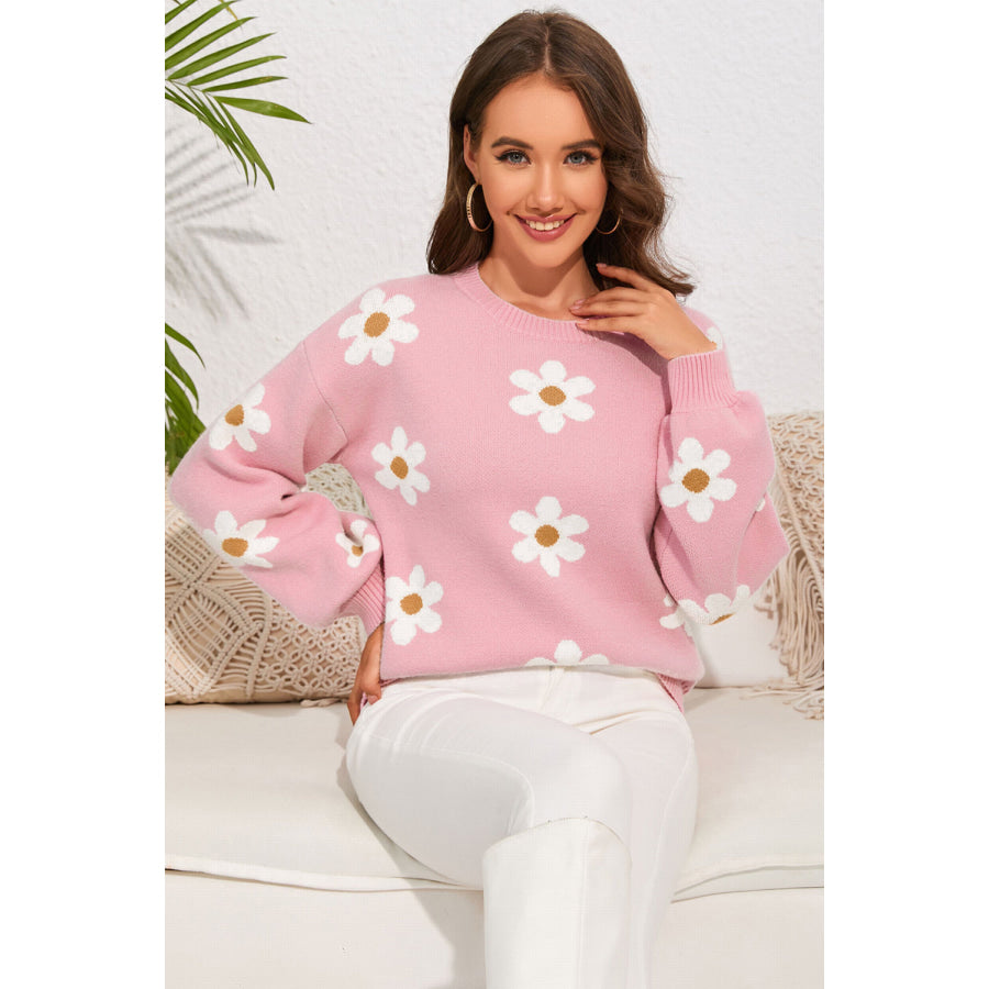 Flower Round Neck Dropped Shoulder Sweater Apparel and Accessories