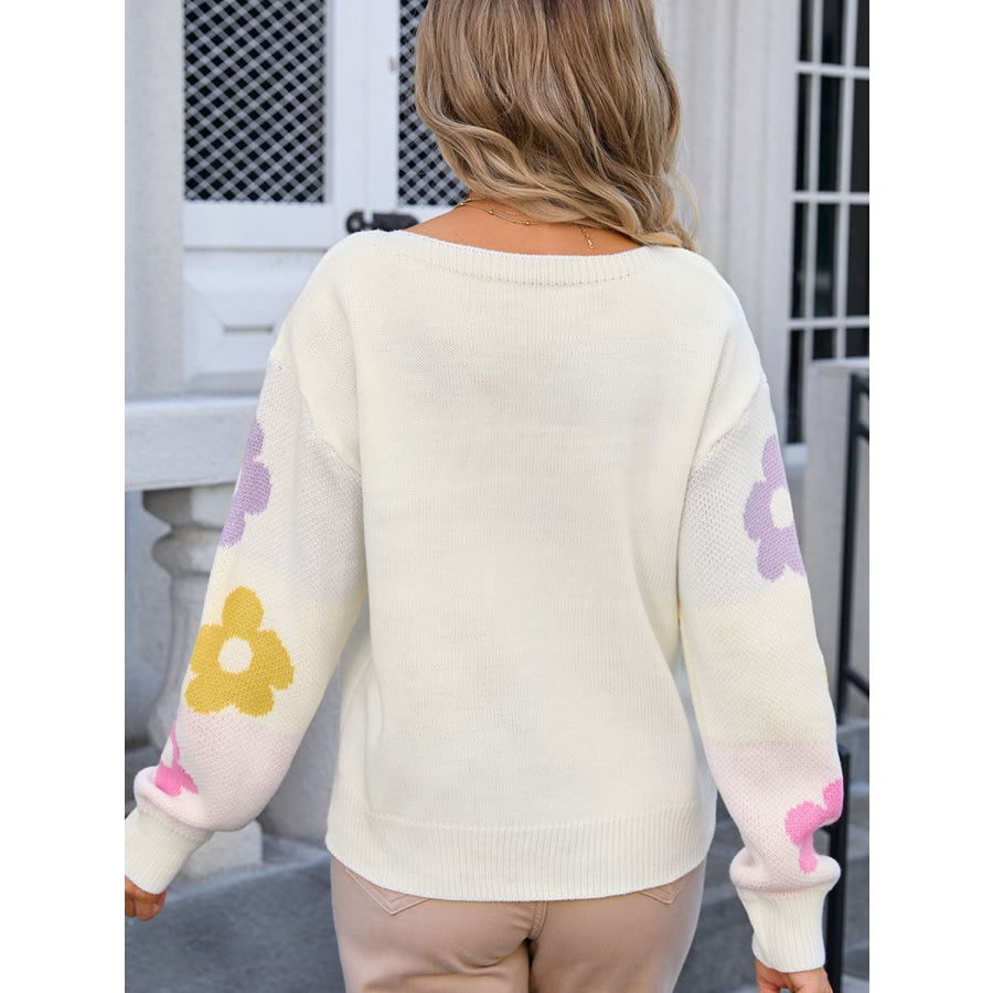 Flower Round Neck Dropped Shoulder Sweater Apparel and Accessories