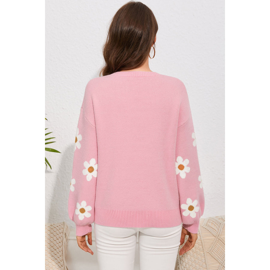 Flower Round Neck Dropped Shoulder Sweater Apparel and Accessories