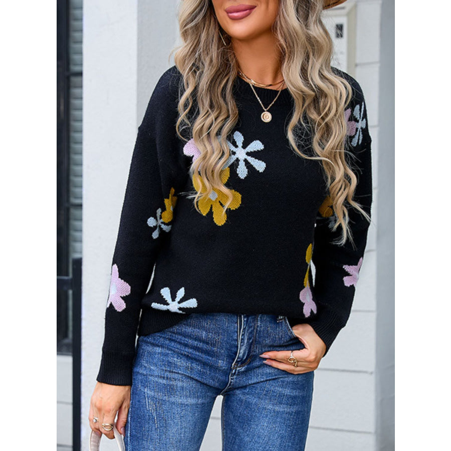 Flower Round Neck Dropped Shoulder Sweater Black / S Apparel and Accessories