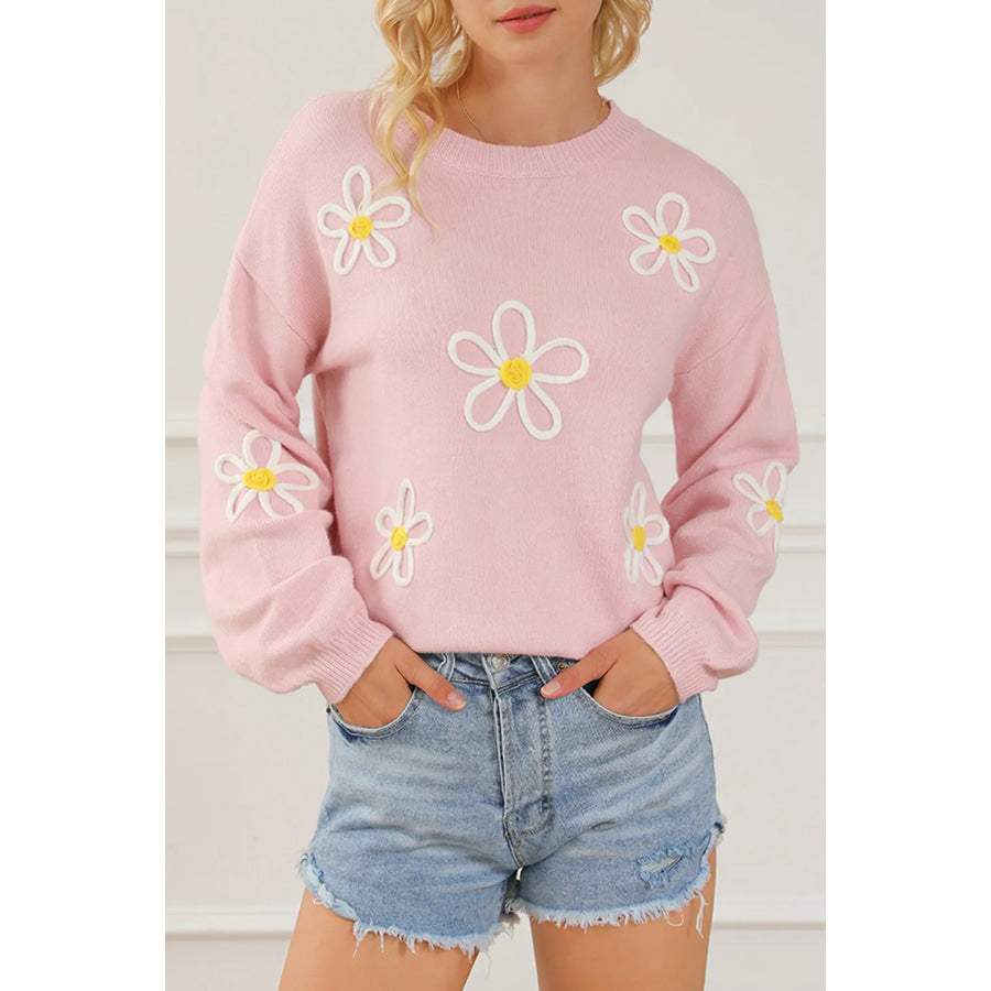 Flower Round Neck Dropped Shoulder Sweater Blush Pink / M Apparel and Accessories