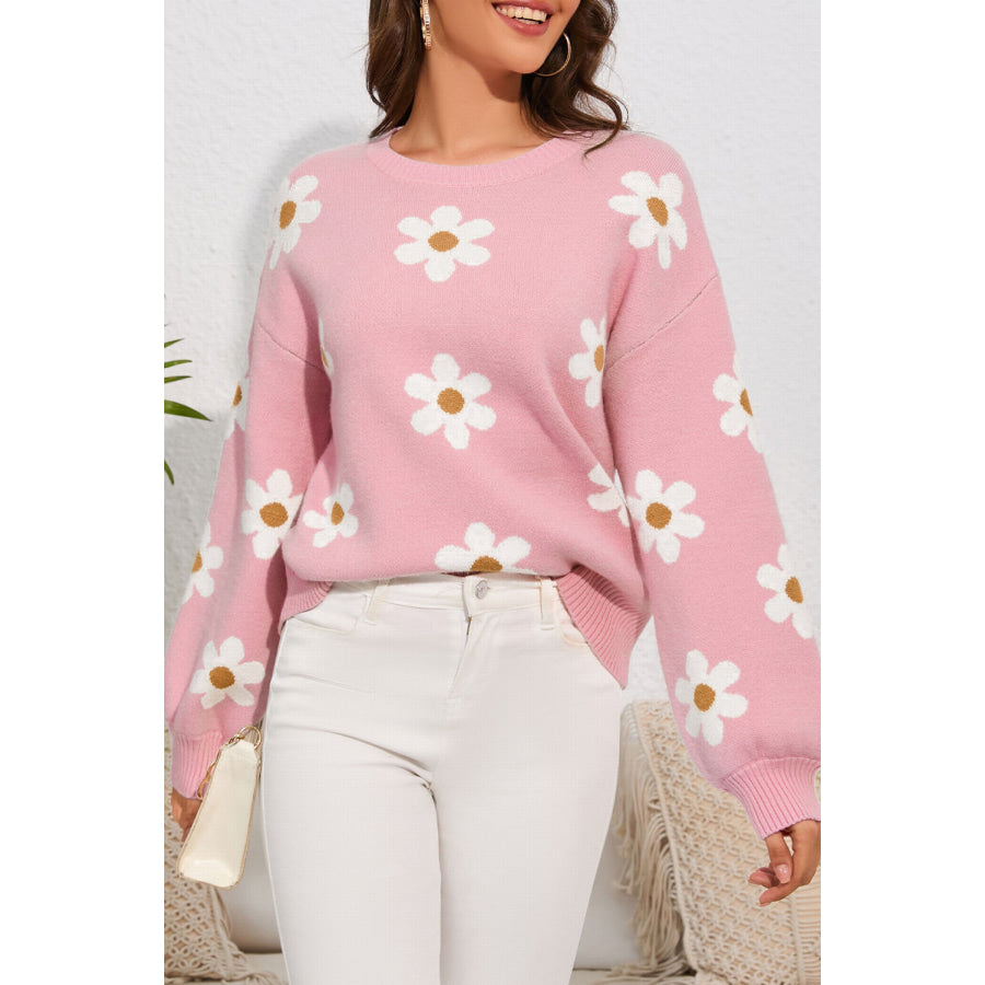 Flower Round Neck Dropped Shoulder Sweater Blush Pink / S Apparel and Accessories