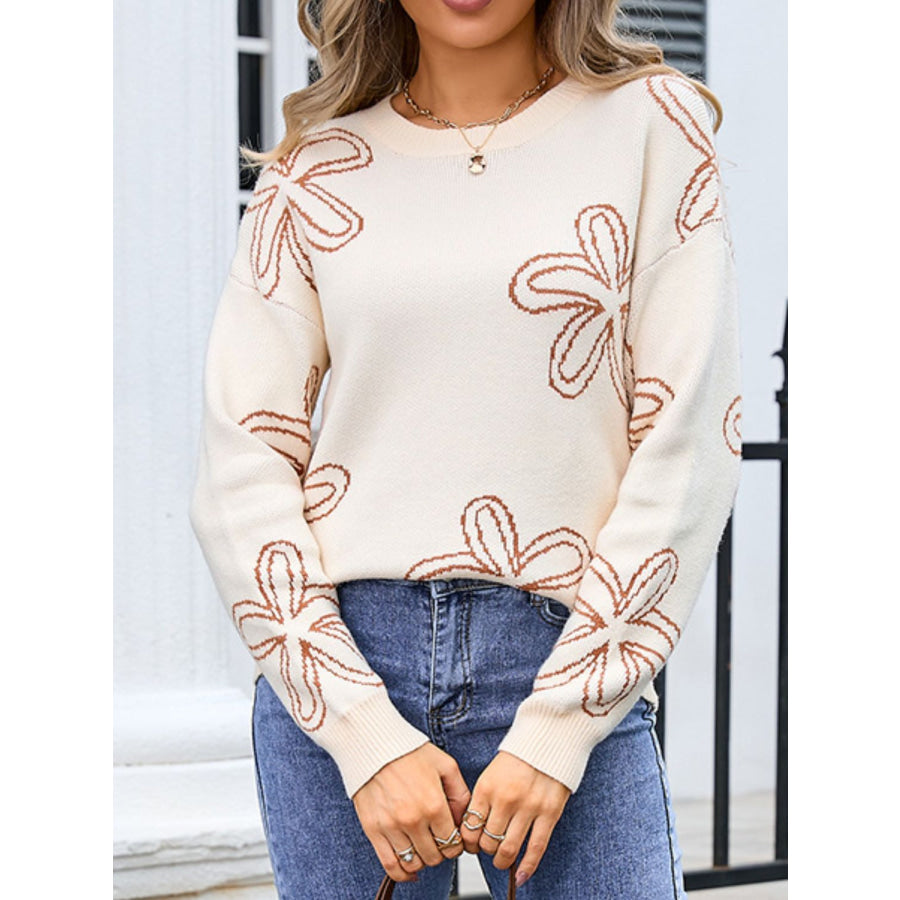 Flower Round Neck Dropped Shoulder Sweater Brown / S Apparel and Accessories