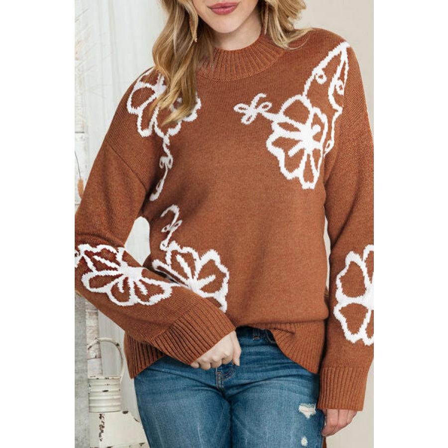 Flower Round Neck Dropped Shoulder Sweater Caramel / S Clothing