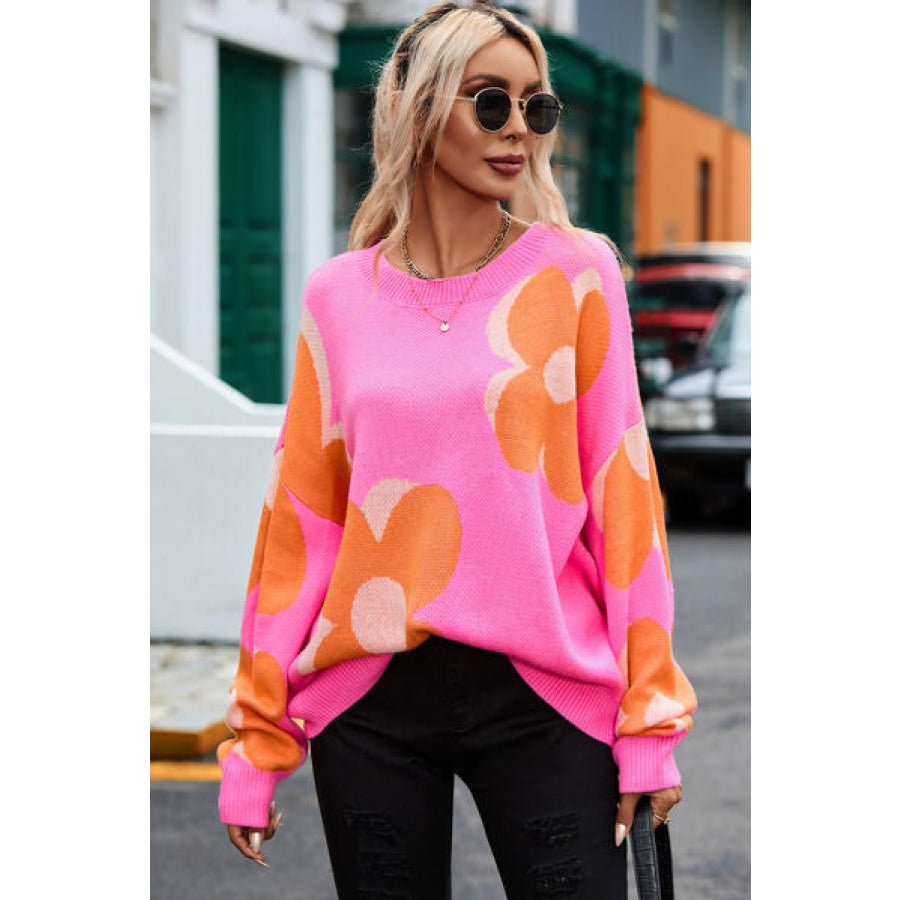 Flower Round Neck Dropped Shoulder Sweater Clothing