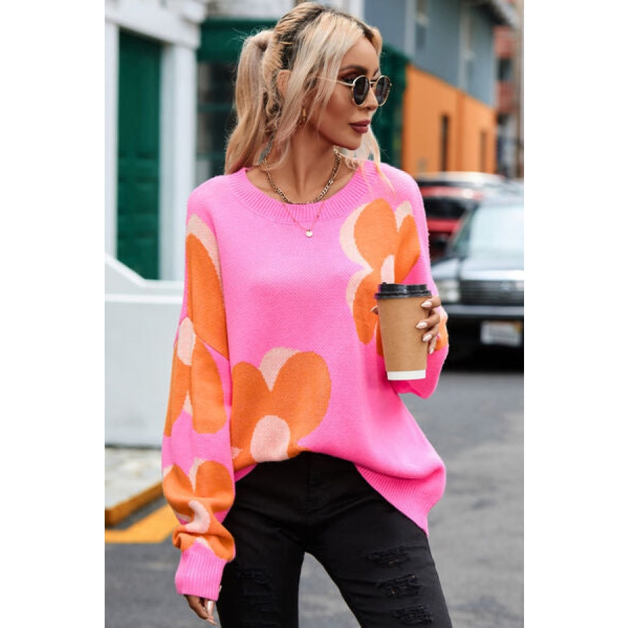 Flower Round Neck Dropped Shoulder Sweater Clothing