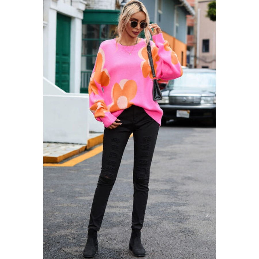 Flower Round Neck Dropped Shoulder Sweater Clothing