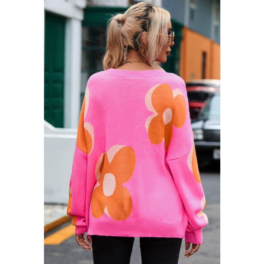 Flower Round Neck Dropped Shoulder Sweater Clothing