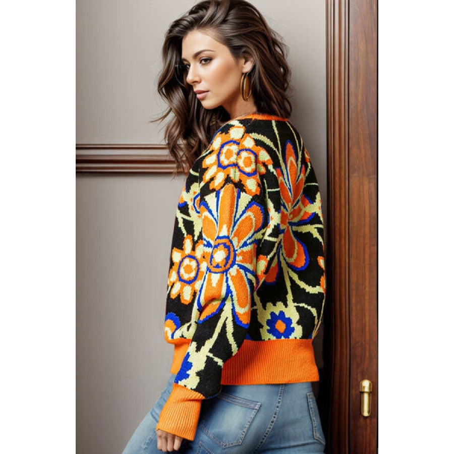 Flower Round Neck Dropped Shoulder Sweater Tangerine / S Clothing
