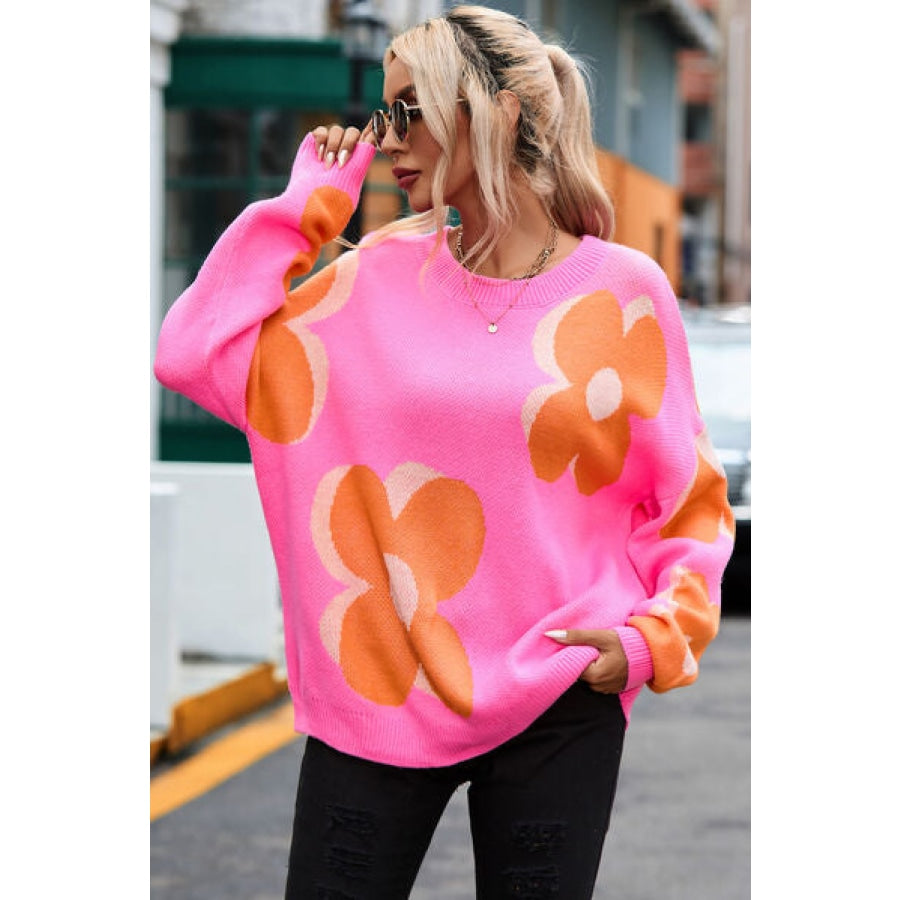 Flower Round Neck Dropped Shoulder Sweater Fuchsia Pink / S Clothing