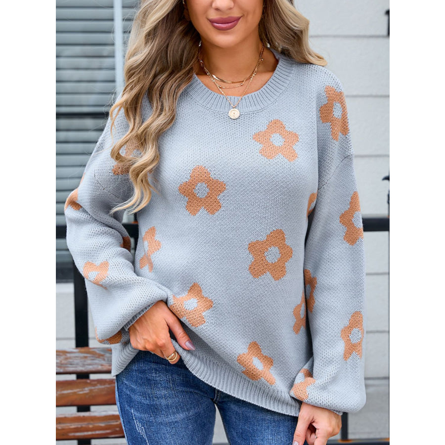 Flower Round Neck Dropped Shoulder Sweater Gray / S Apparel and Accessories