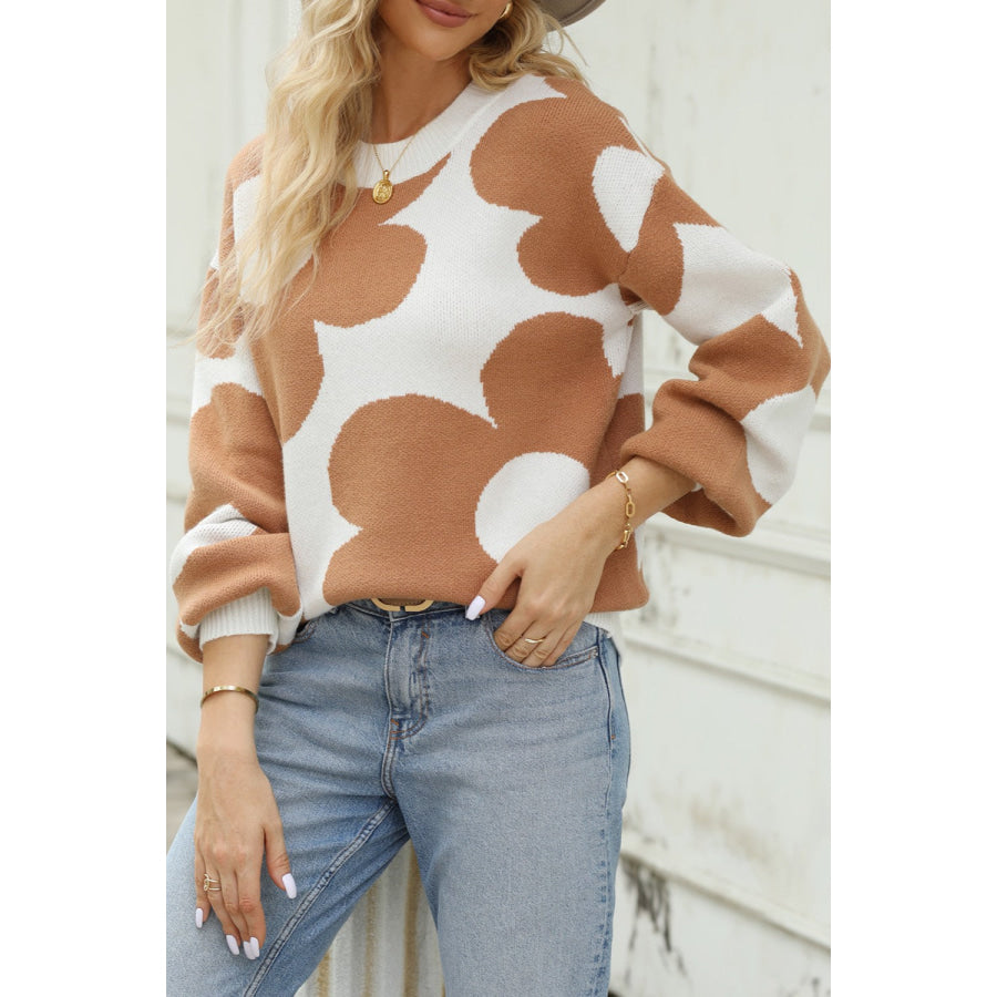 Flower Round Neck Dropped Shoulder Sweater Khaki / S Apparel and Accessories