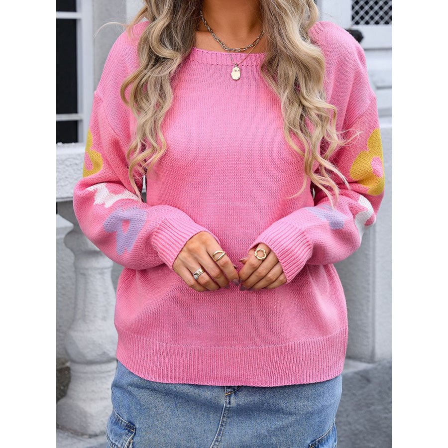 Flower Round Neck Dropped Shoulder Sweater Pink / S Apparel and Accessories