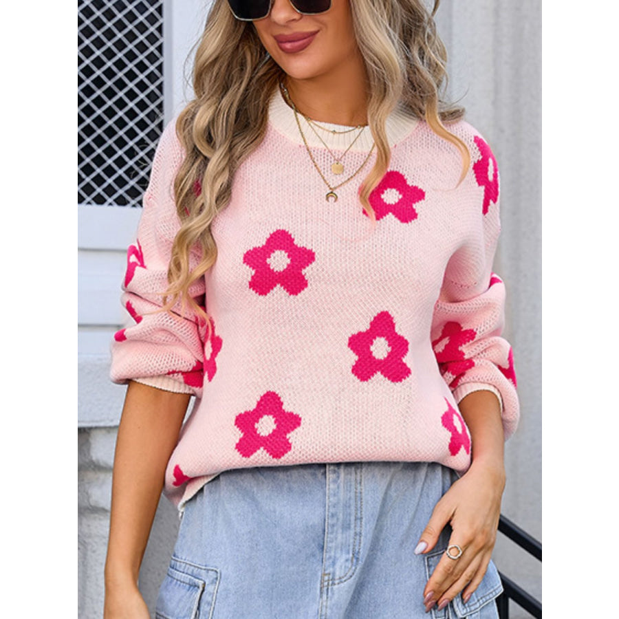 Flower Round Neck Dropped Shoulder Sweater Watermelon pink / S Apparel and Accessories