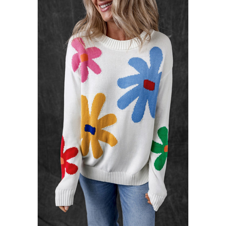 Flower Round Neck Dropped Shoulder Sweater White / S Apparel and Accessories