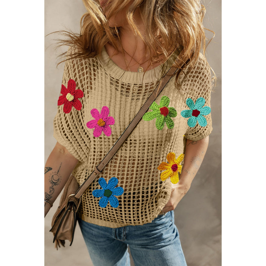 Flower Round Neck Half Sleeve Knit Cover Up Apparel and Accessories