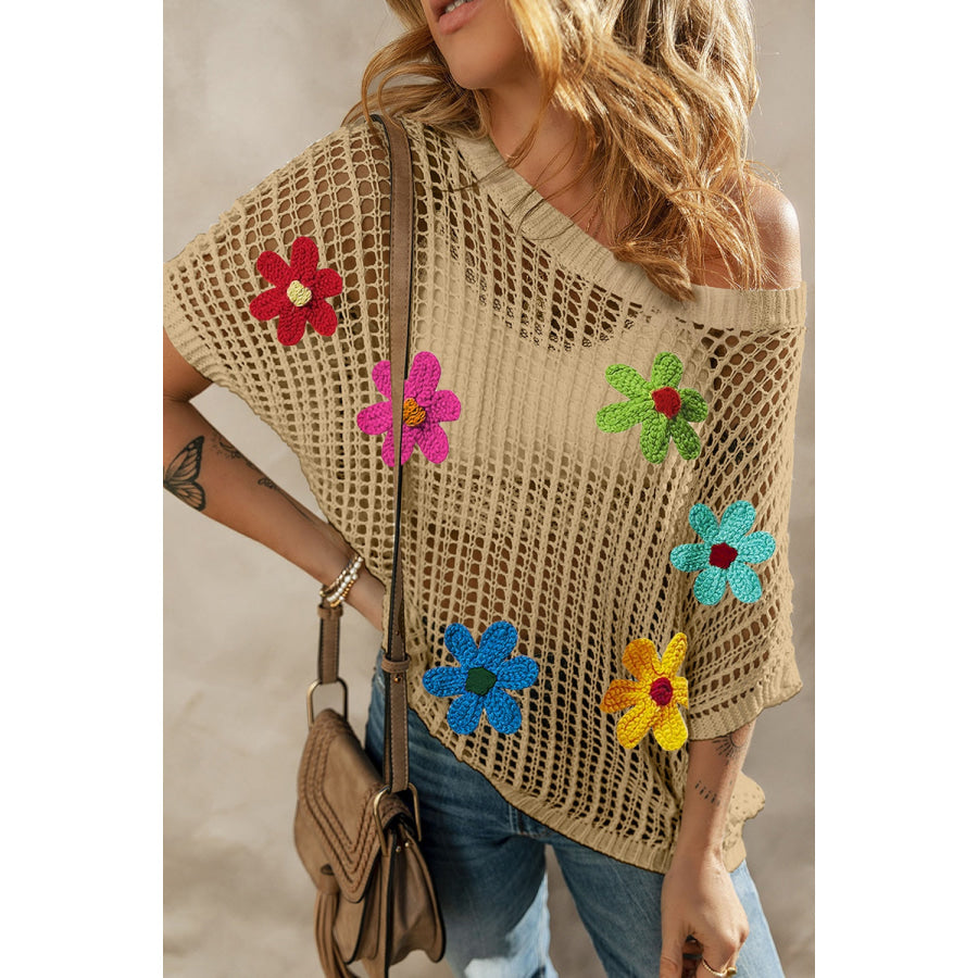 Flower Round Neck Half Sleeve Knit Cover Up Khaki / S Apparel and Accessories