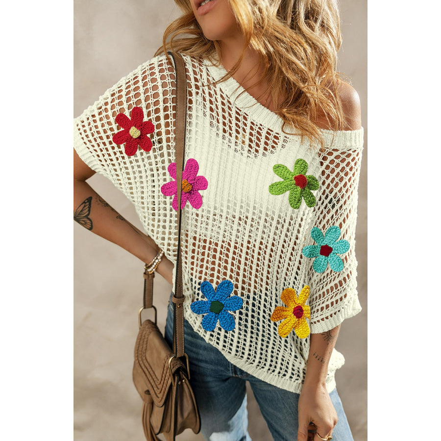 Flower Round Neck Half Sleeve Knit Cover Up White / S Apparel and Accessories