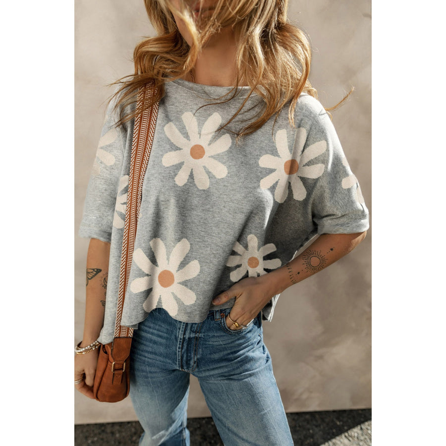 Flower Round Neck Half Sleeve T-Shirt Heather Gray / S Apparel and Accessories