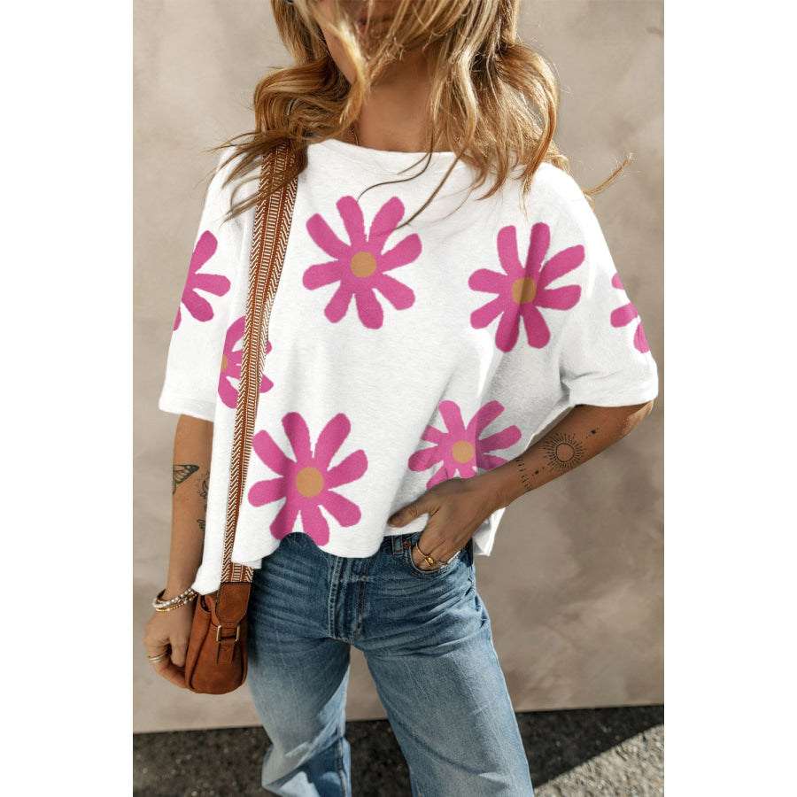 Flower Round Neck Half Sleeve T-Shirt White / S Apparel and Accessories
