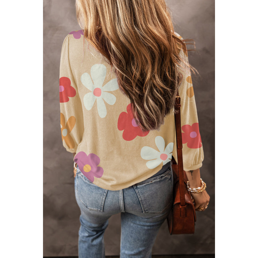 Flower Round Neck Long Sleeve Blouse Apparel and Accessories