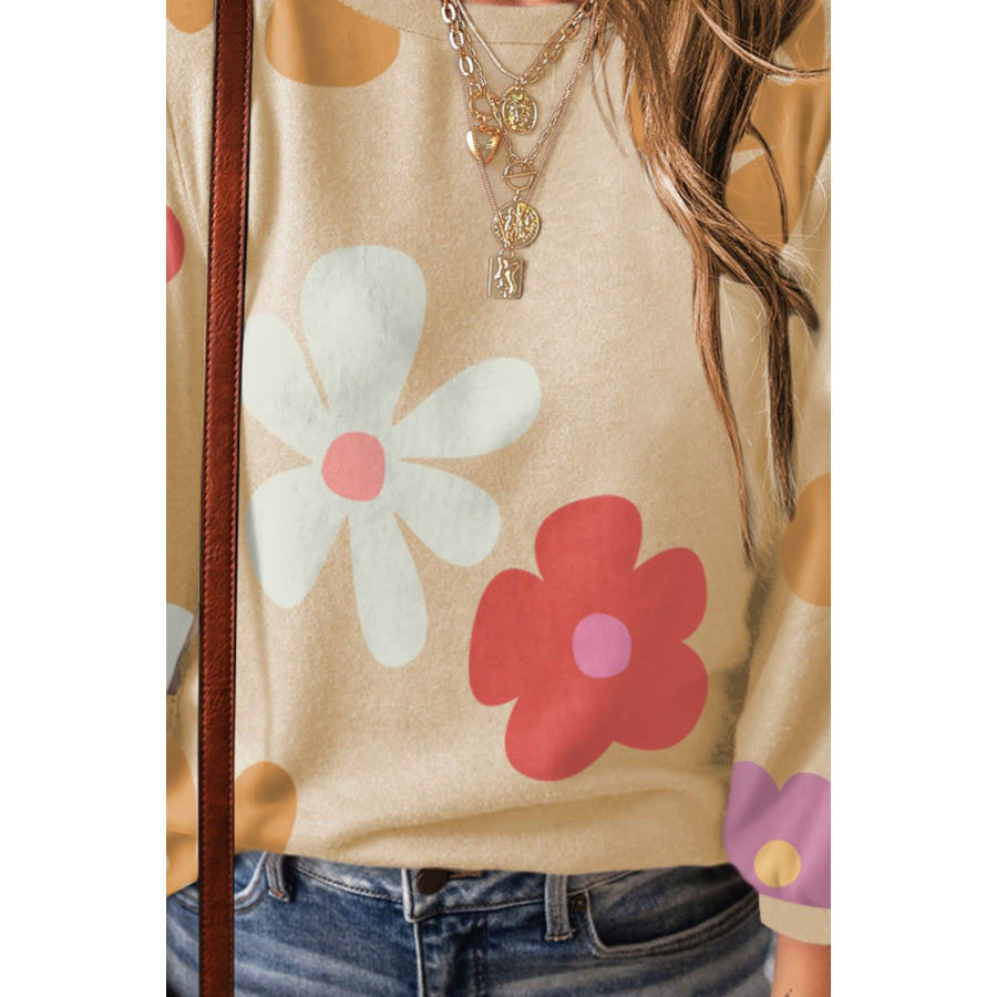 Flower Round Neck Long Sleeve Blouse Apparel and Accessories