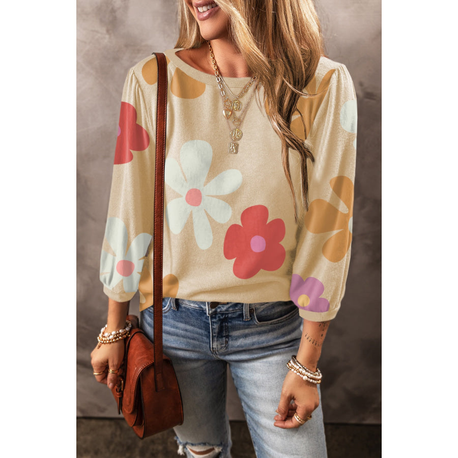 Flower Round Neck Long Sleeve Blouse Beige / S Apparel and Accessories