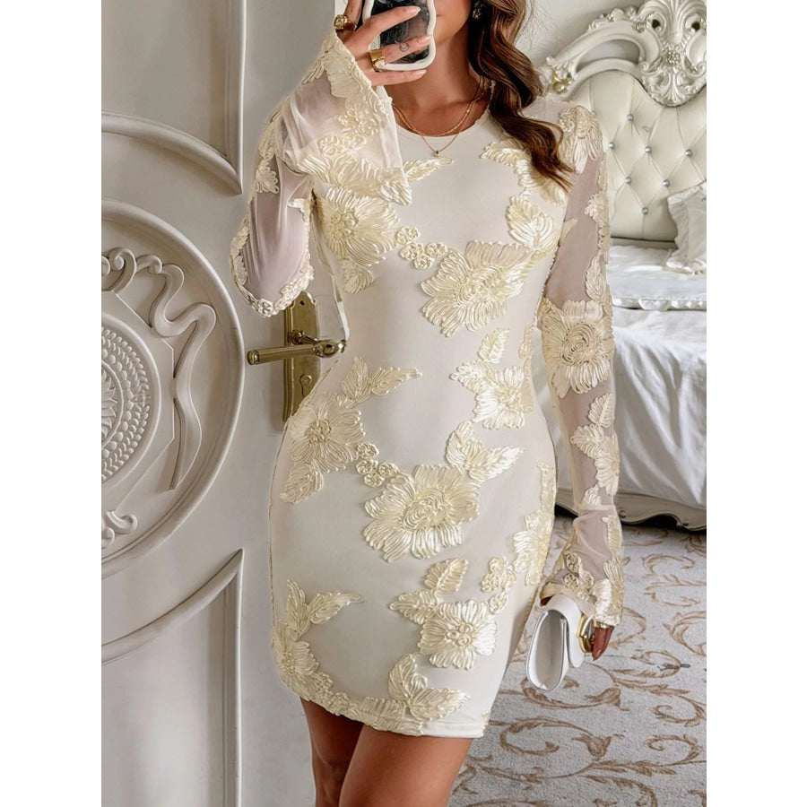 Flower Round Neck Long Sleeve Dress Yellow / S Apparel and Accessories
