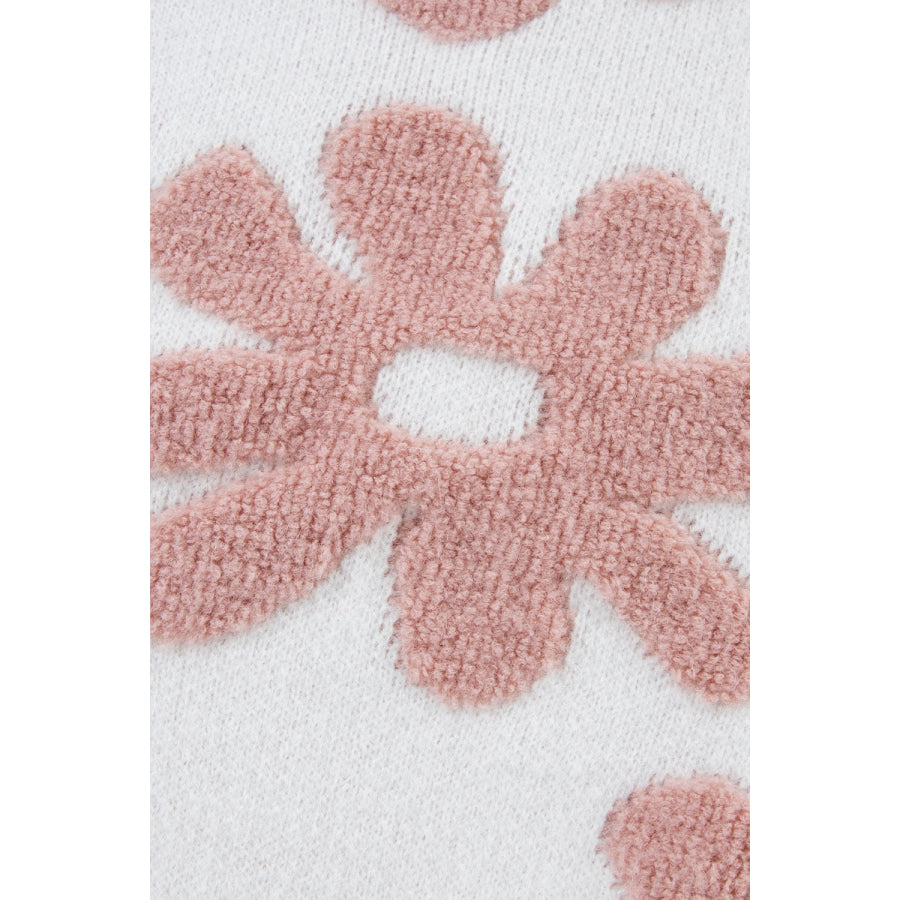 Flower Round Neck Long Sleeve Knit Top Apparel and Accessories