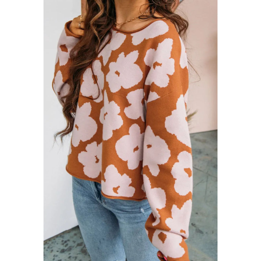 Flower Round Neck Long Sleeve Knit Top Apparel and Accessories