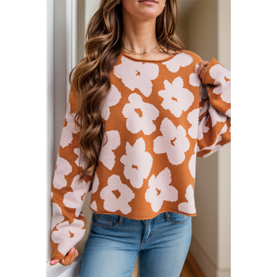 Flower Round Neck Long Sleeve Knit Top Ochre / S Apparel and Accessories