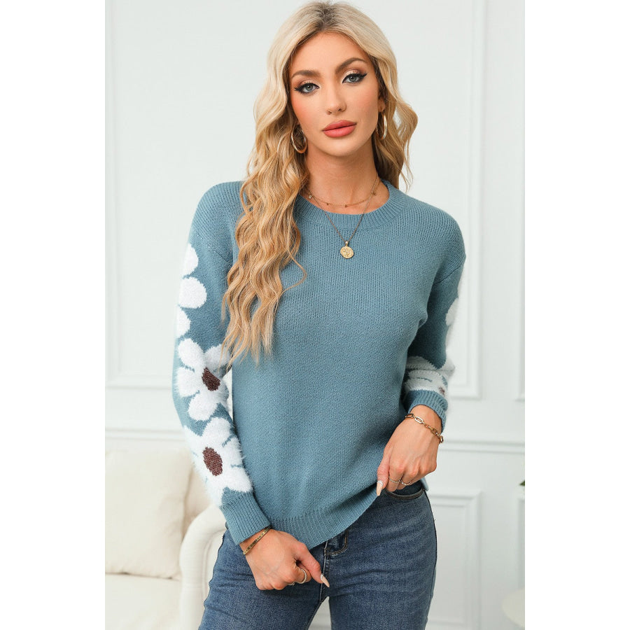 Flower Round Neck Long Sleeve Sweater Air Force Blue / S Apparel and Accessories