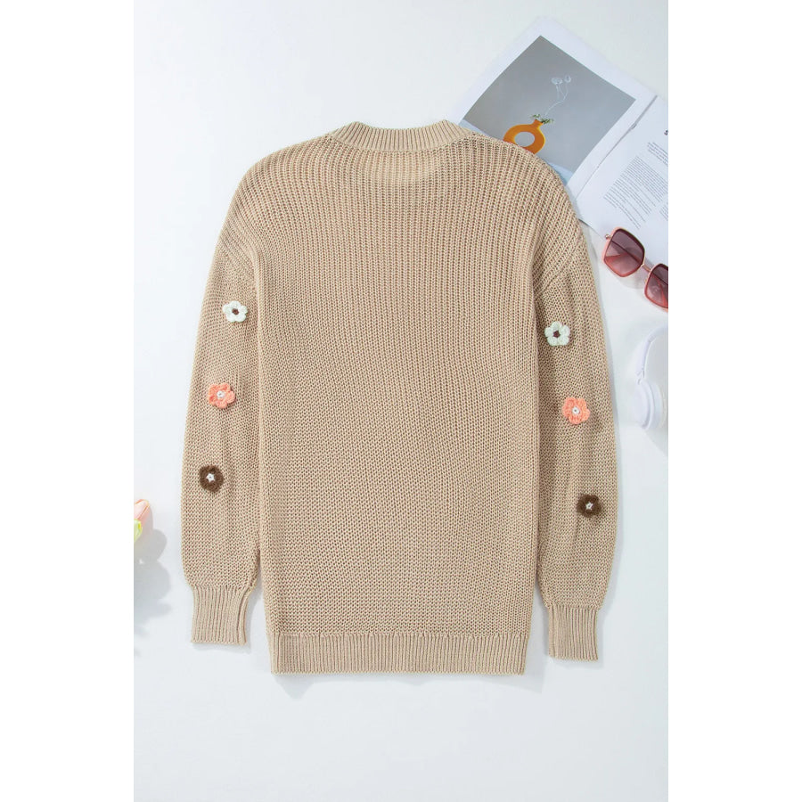 Flower Round Neck Long Sleeve Sweater Apparel and Accessories