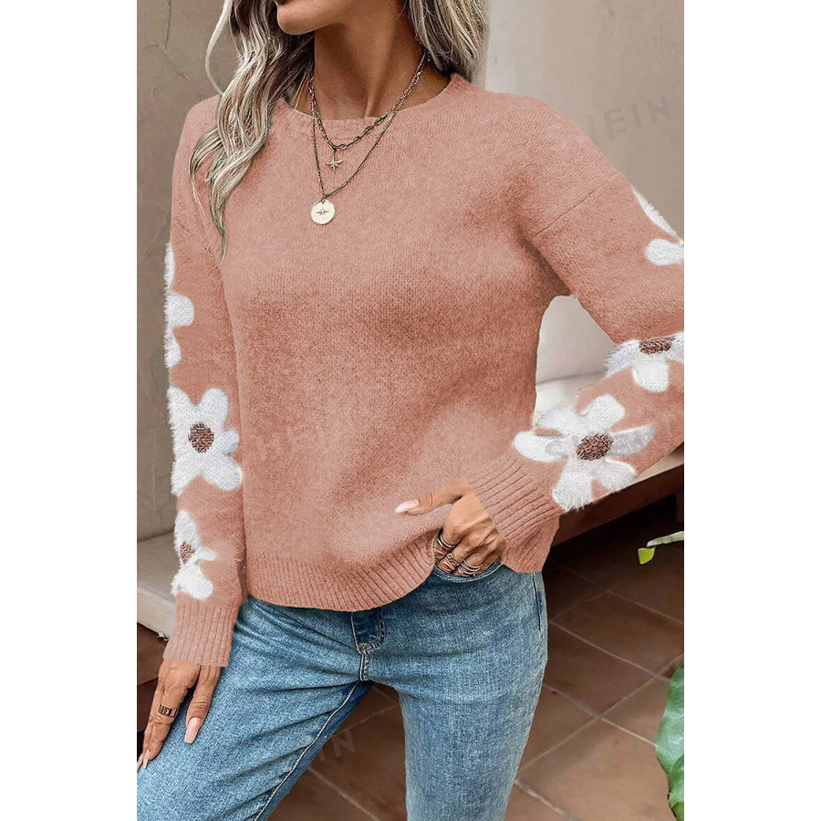 Flower Round Neck Long Sleeve Sweater Apparel and Accessories