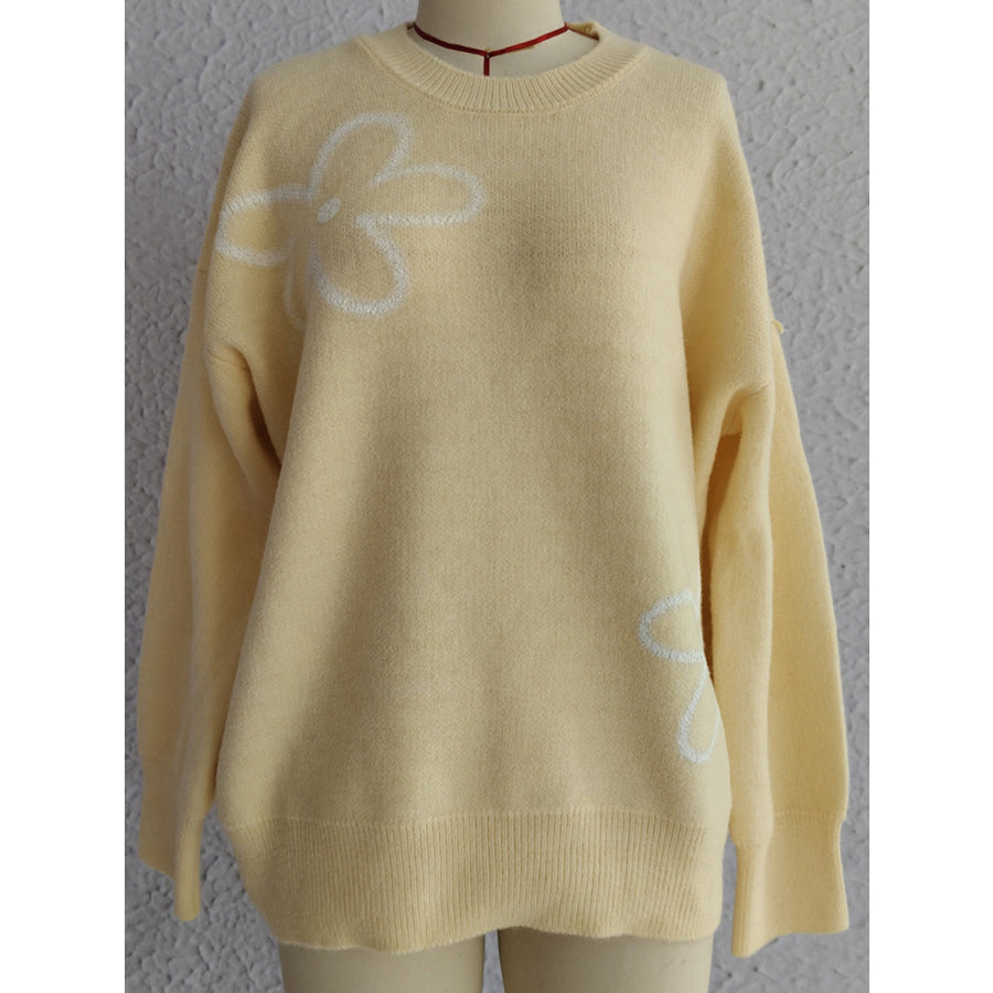 Flower Round Neck Long Sleeve Sweater Apparel and Accessories