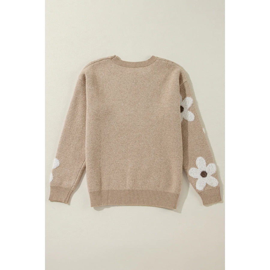 Flower Round Neck Long Sleeve Sweater Apparel and Accessories