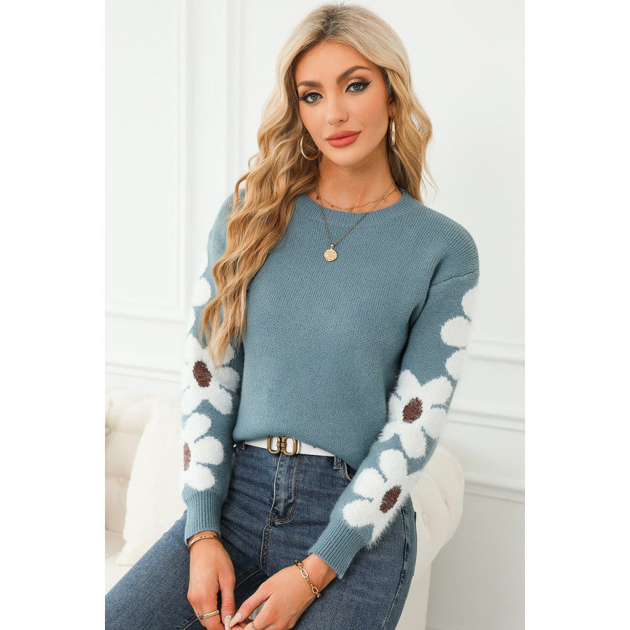 Flower Round Neck Long Sleeve Sweater Apparel and Accessories