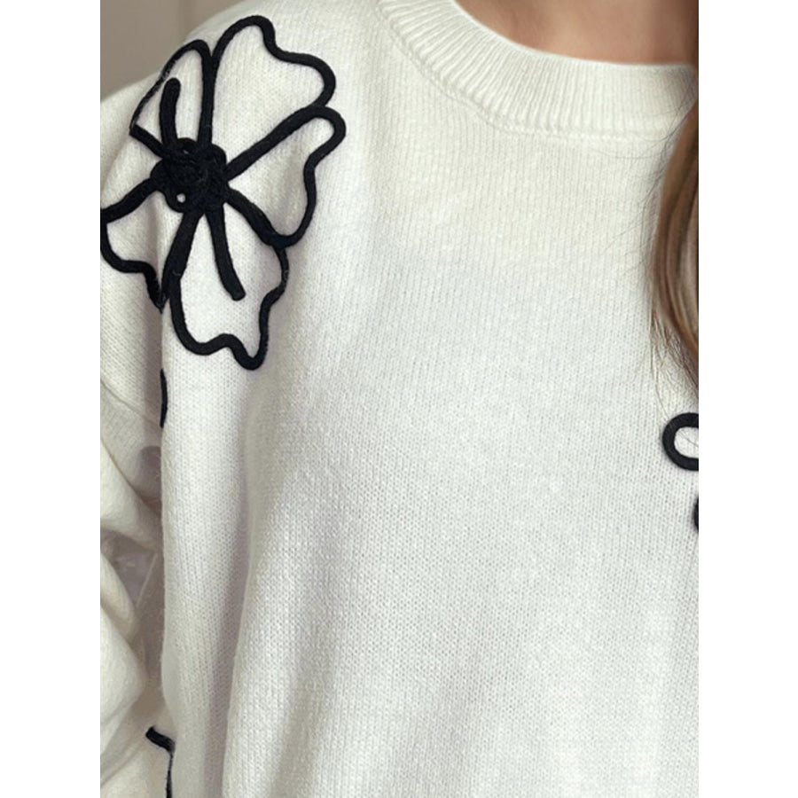 Flower Round Neck Long Sleeve Sweater Apparel and Accessories