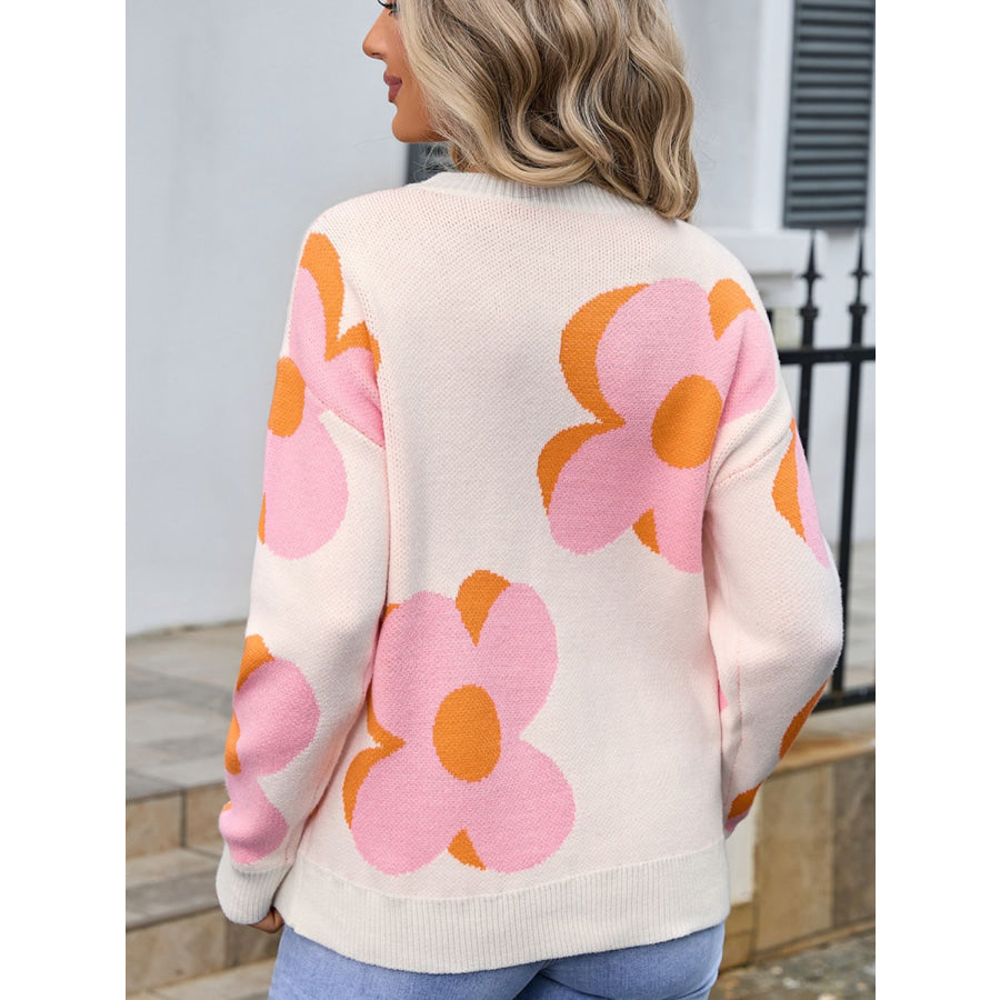 Flower Round Neck Long Sleeve Sweater Apparel and Accessories