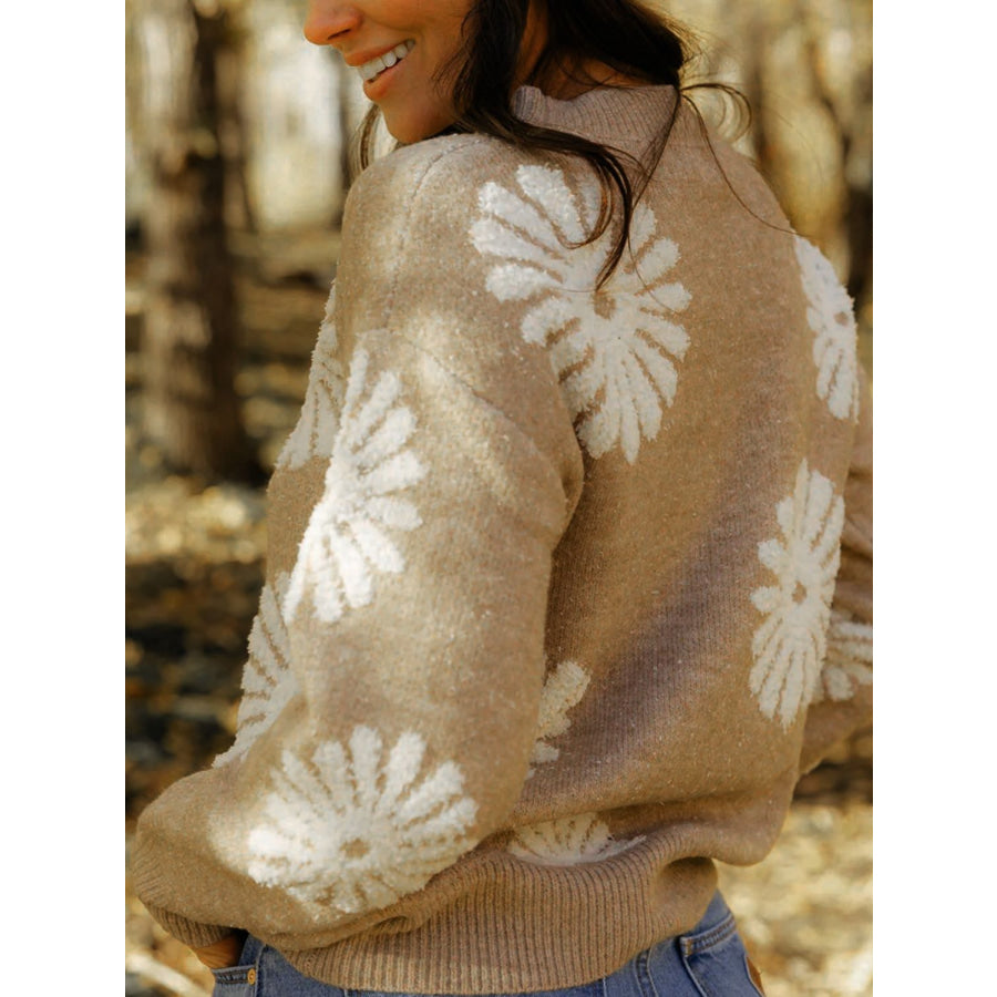 Flower Round Neck Long Sleeve Sweater Tan / S Apparel and Accessories