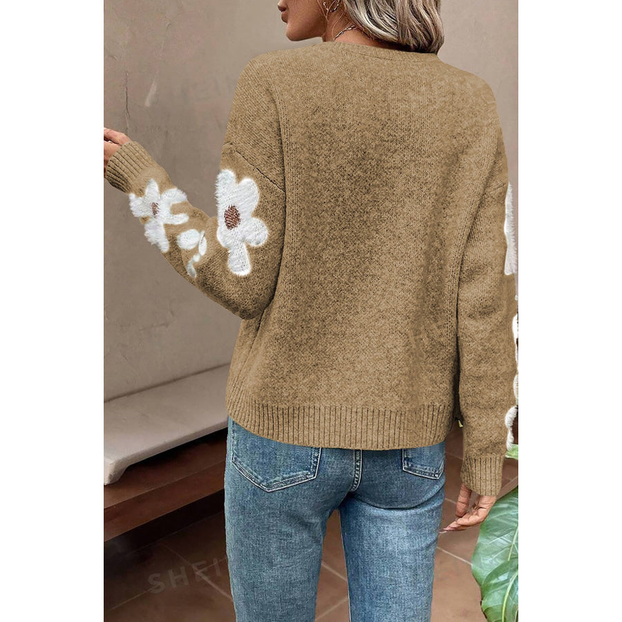 Flower Round Neck Long Sleeve Sweater Apparel and Accessories