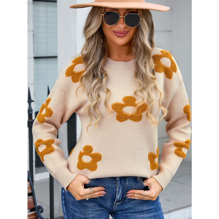 Flower Round Neck Long Sleeve Sweater Apparel and Accessories