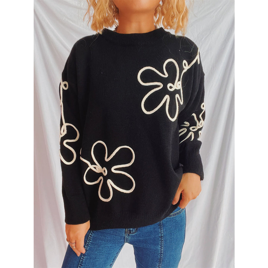 Flower Round Neck Long Sleeve Sweater Apparel and Accessories