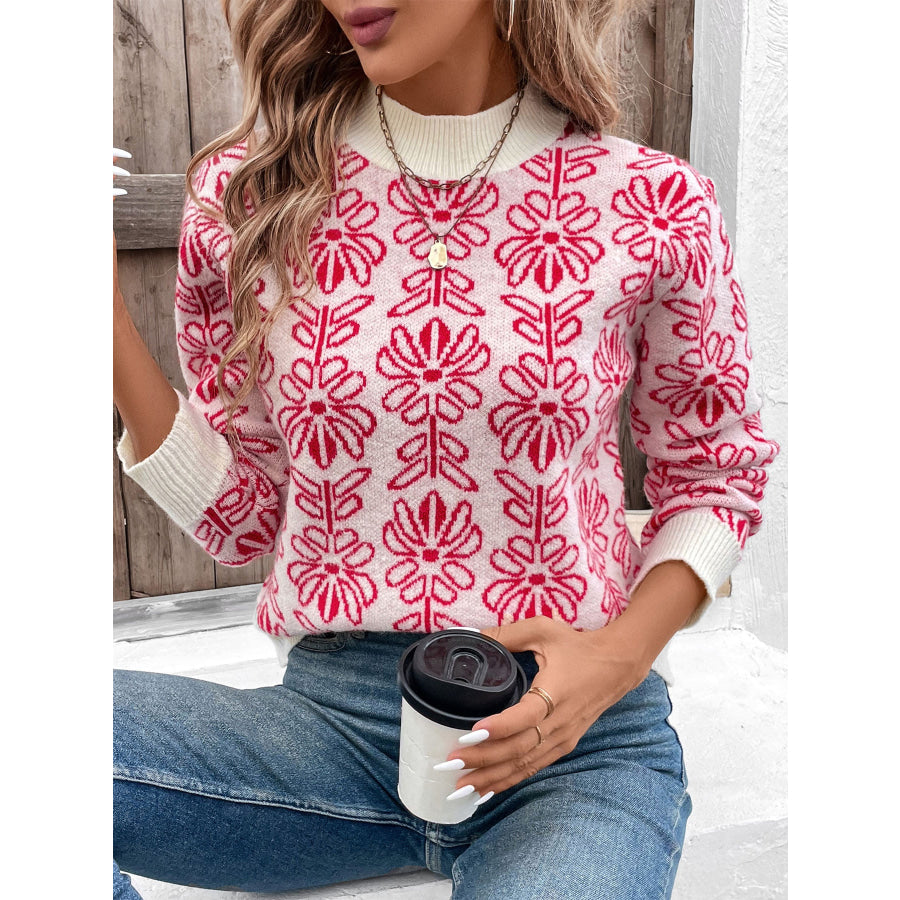 Flower Round Neck Long Sleeve Sweater Apparel and Accessories