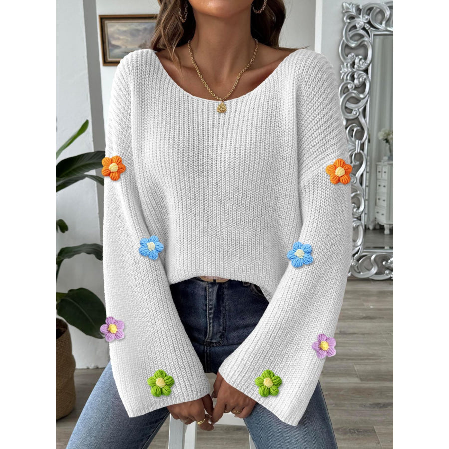 Flower Round Neck Long Sleeve Sweater Apparel and Accessories