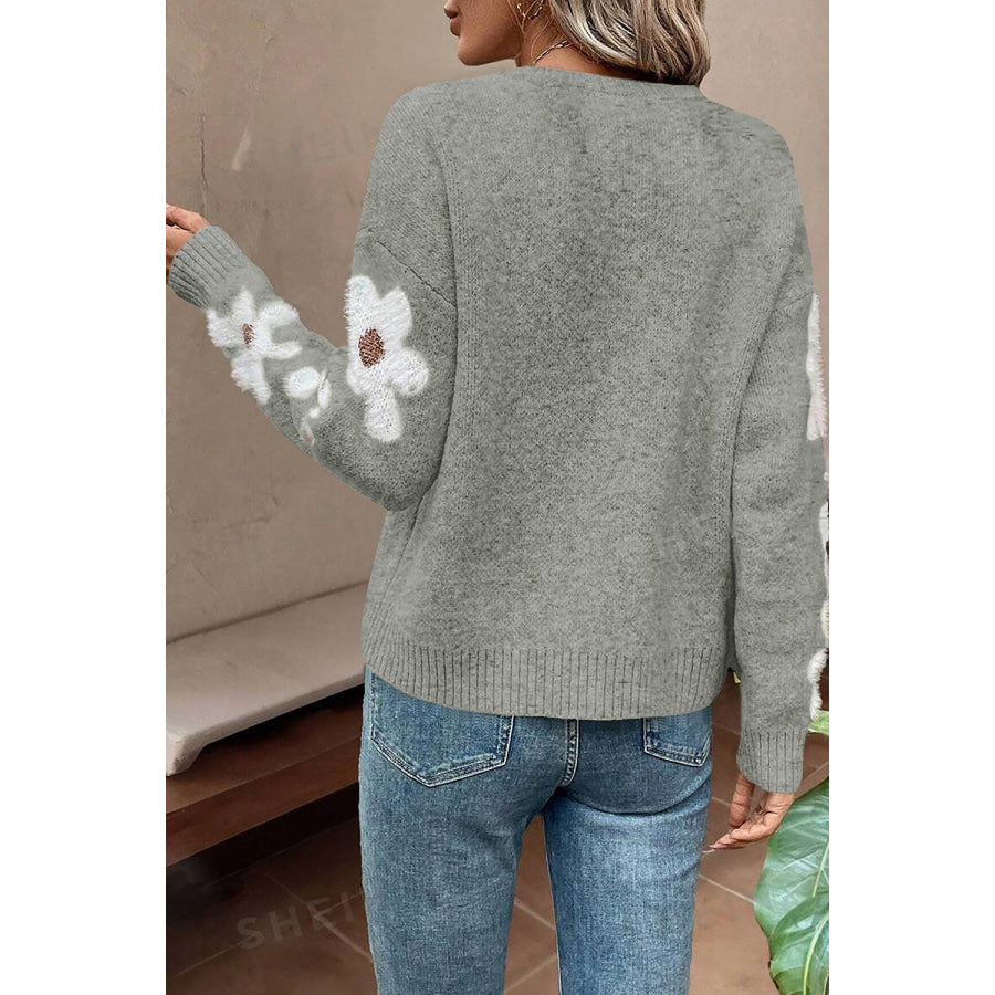 Flower Round Neck Long Sleeve Sweater Apparel and Accessories