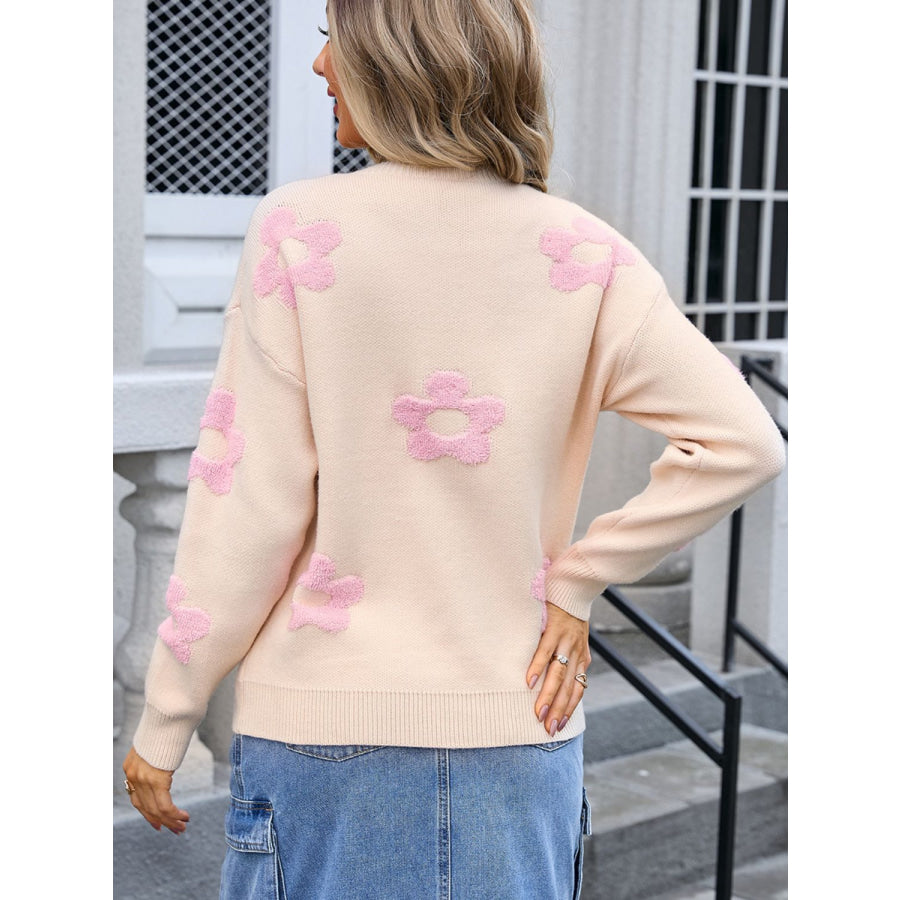 Flower Round Neck Long Sleeve Sweater Apparel and Accessories