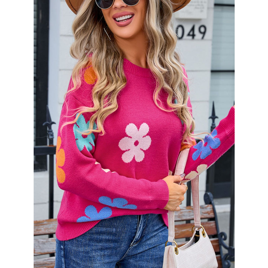 Flower Round Neck Long Sleeve Sweater Apparel and Accessories